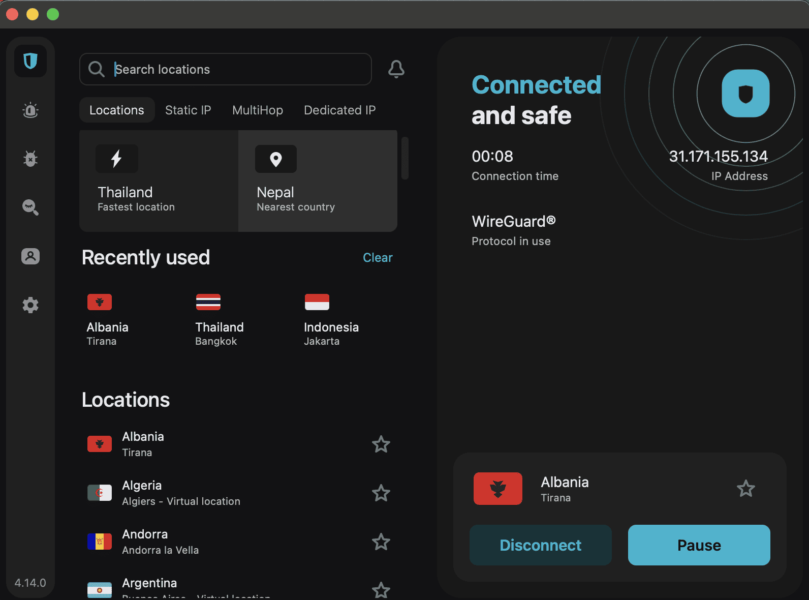 Screenshot of the Surfshark VPN connected to Albanian server