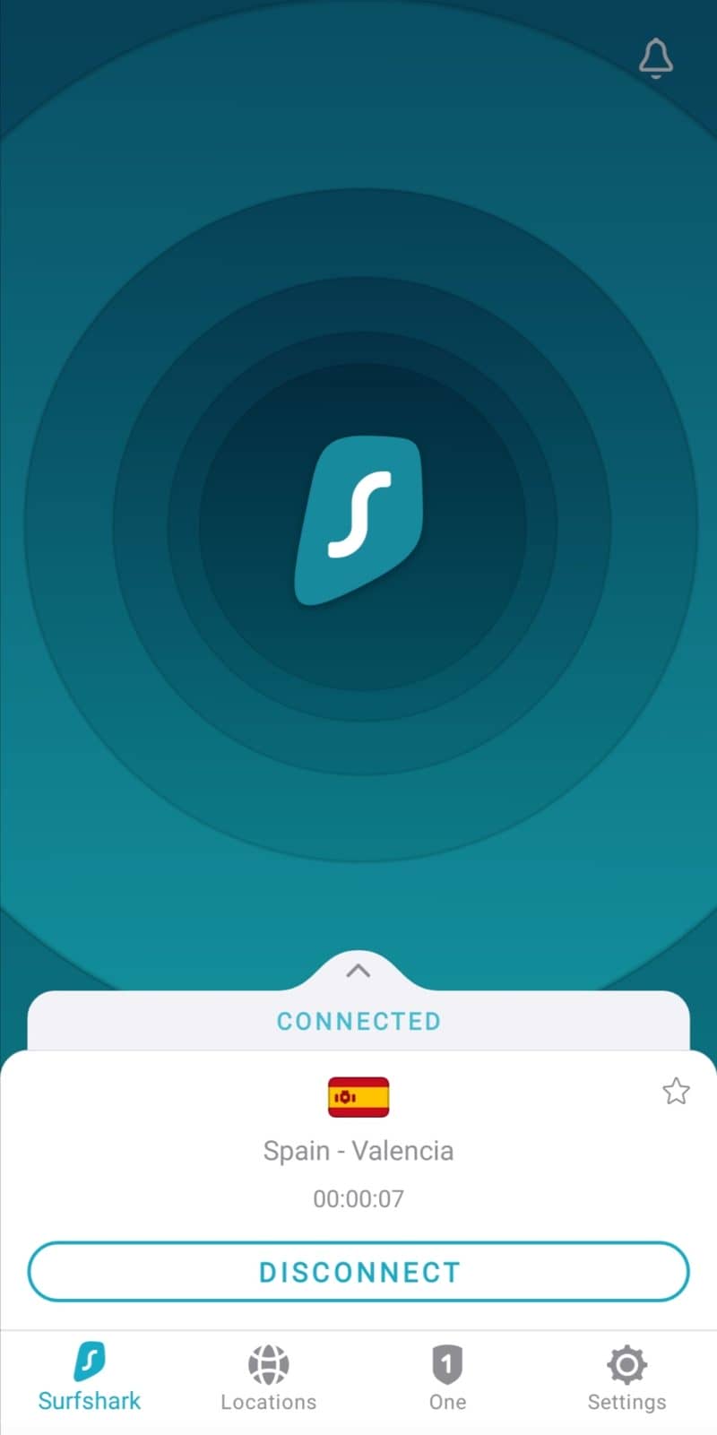 Sreenshot of Surfshark VPN app connecting to a server in Valencia, Spain