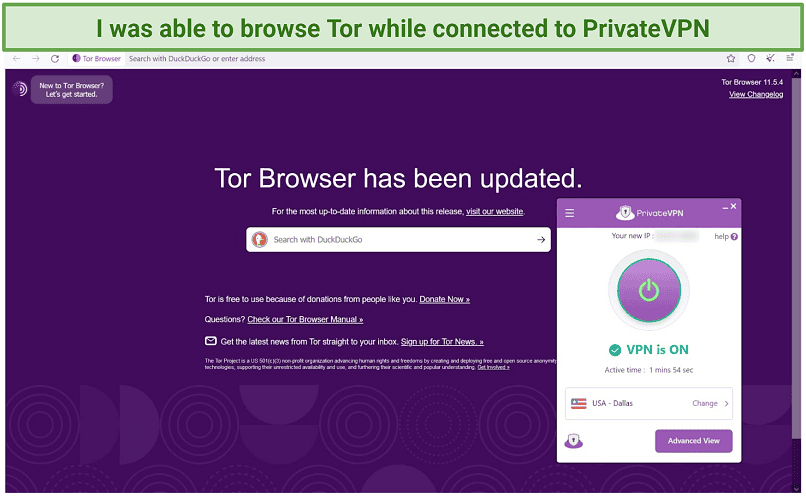 Screenshot of a connection to the Tor browser while connected to PrivateVPN