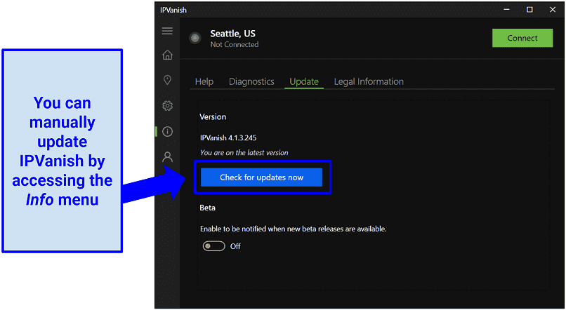 Screenshot of IPVanish update menu