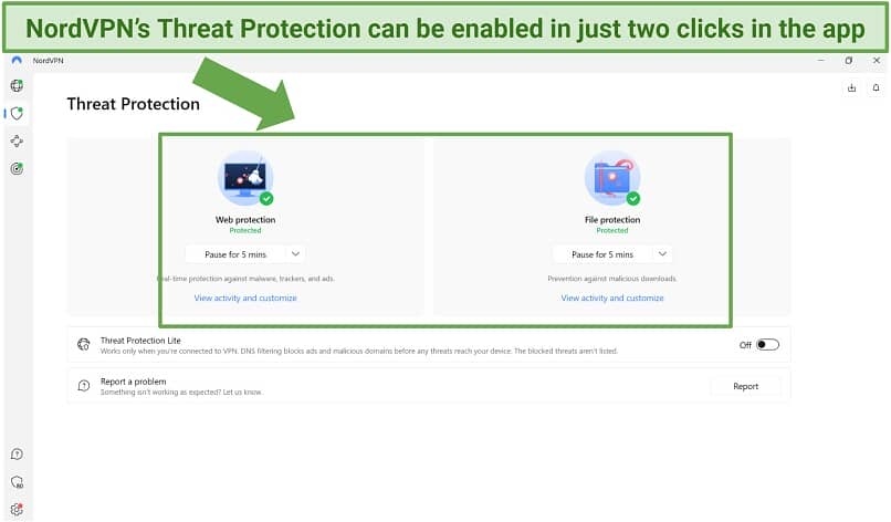 Screenshot of nordvpn's window app with a settings menu open and Threat Protection enabled.