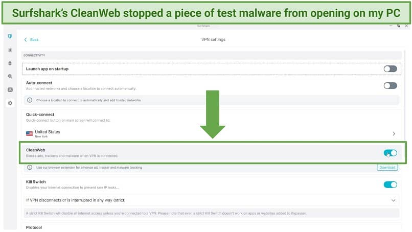Screenshot of Surfshark window app's settings menu with CleanWeb enabled.