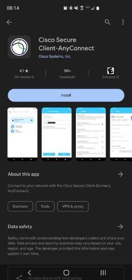 Google Play Store list for AnyConnect secure client application.