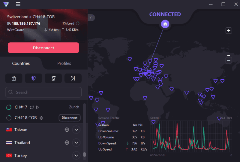 ProtonVPN app connecting to a server