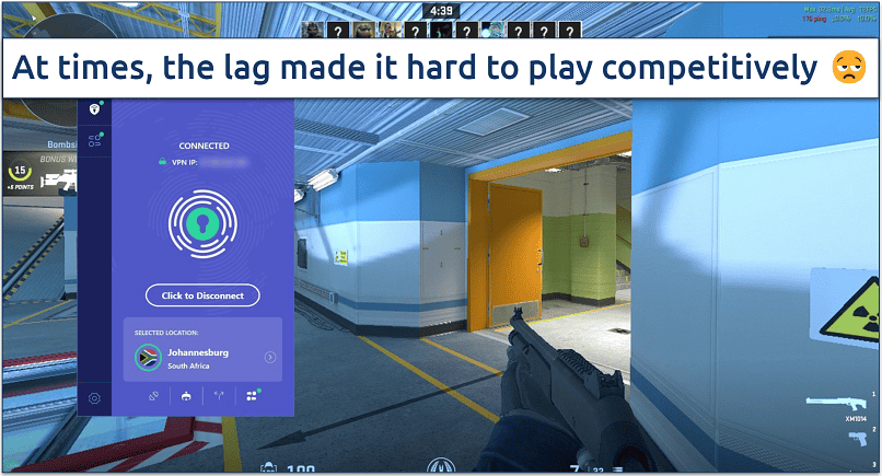 Screenshot of Counter Strike 2 being played while connected to PrivadoVPN's South African server 