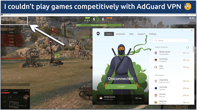 A screenshot showing playing world of tank (WoT) while connected to AdGuard VPN's fastest server