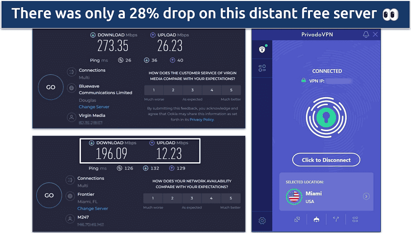 Screenshot of Ookla speed tests done with no VPN connected and while connected to Privado VPN's free Miami server