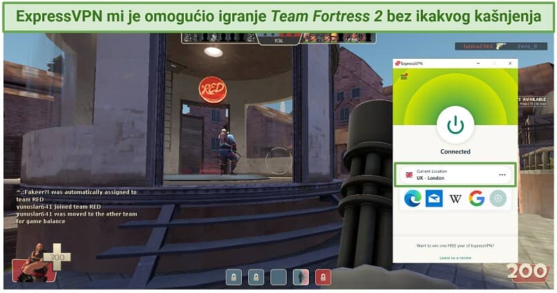 Screenshot of playing Team Fortress 2 connected to ExpressVPN's London server