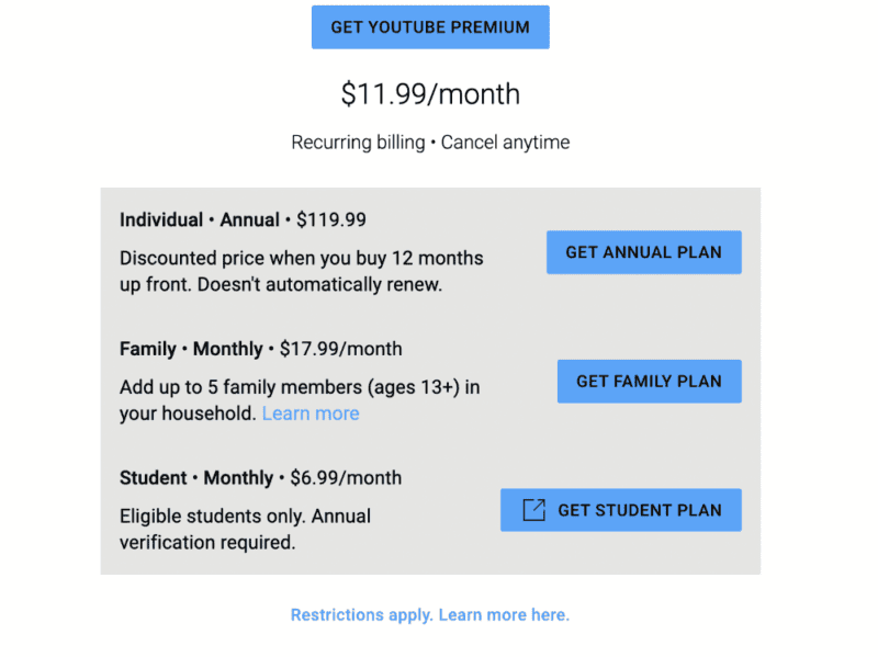 youtube premium prices