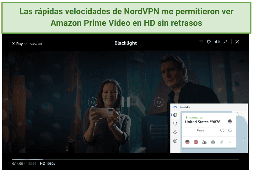 Screenshot showing Blacklight streaming on Prime Video with NordVPN connected