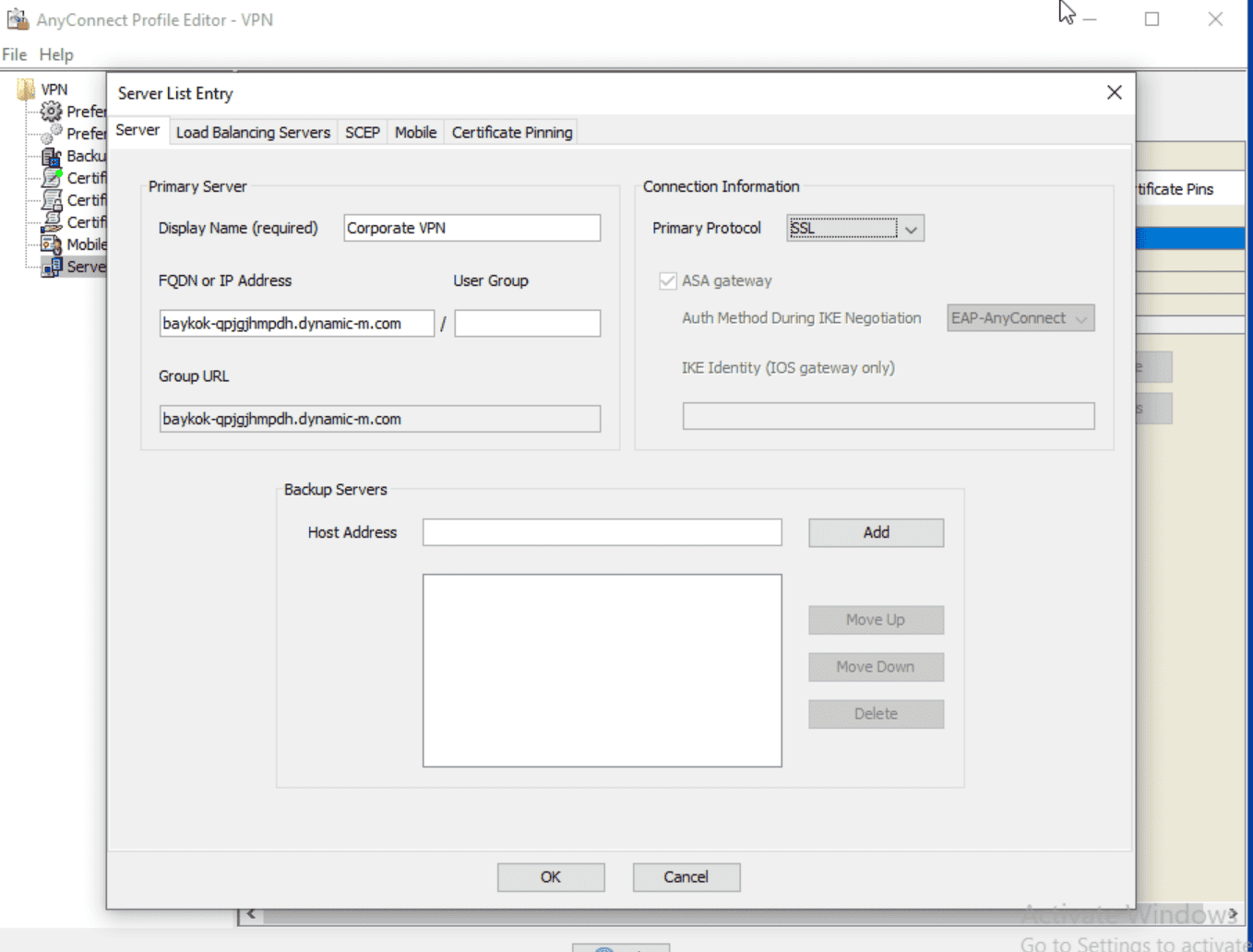 AnyConnect profile editor, server list entry pop-out dialog box.