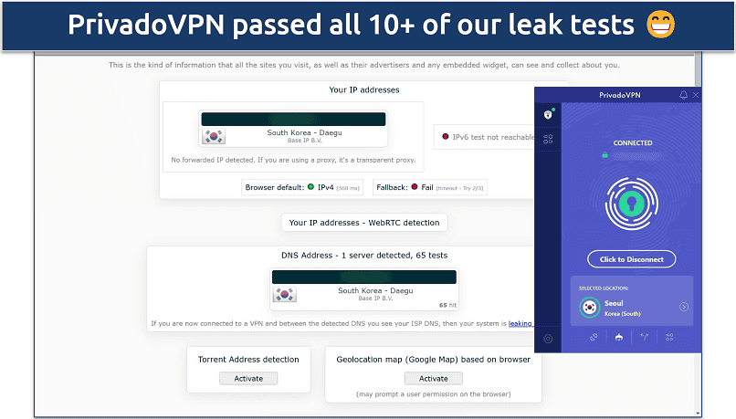 Screenshot of a leak test performed on ipleak.net while connected to PrivadoVPN's Seoul server