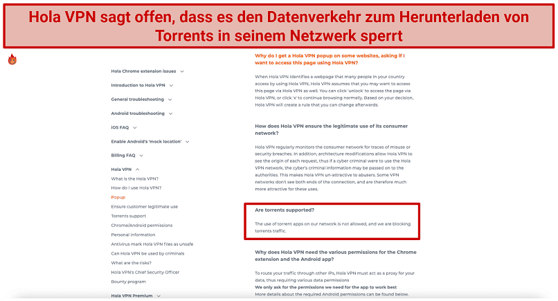 Graphic showing Hola VPN's torrenting policy