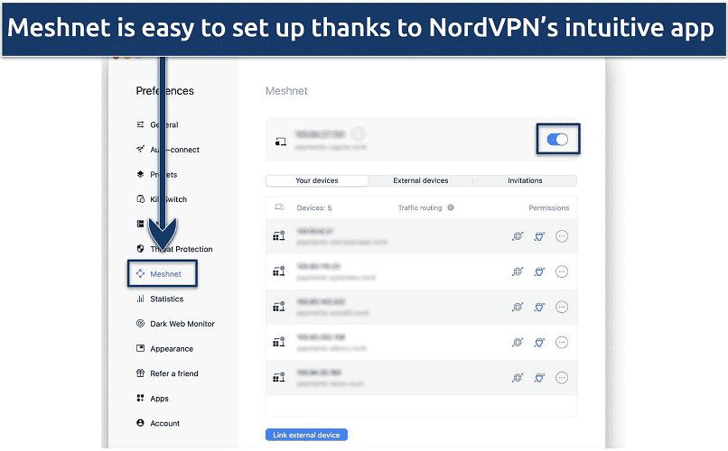 Screenshot of nordvpn's Meshnet feature in macOS app