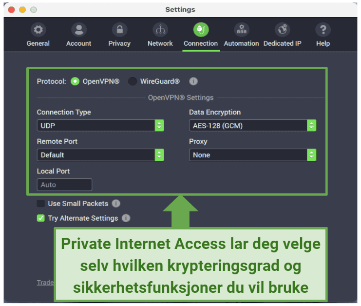 Graphic showing PIA security settings