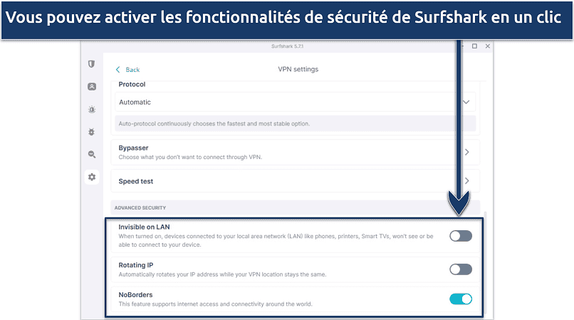 Screenshot of Surfshark's Windows app highlighting advanced security features