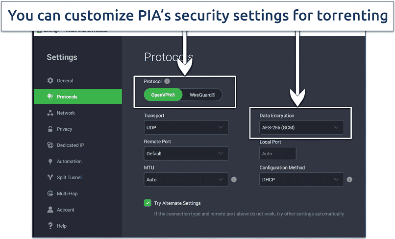 Screenshot of PIA's customized security settings