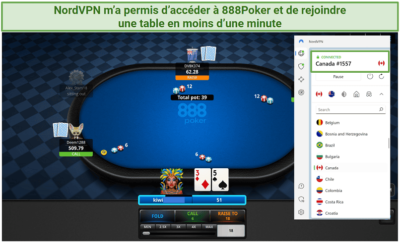 Screenshot of NordVPN's Canadian servers unblocking 888Poker