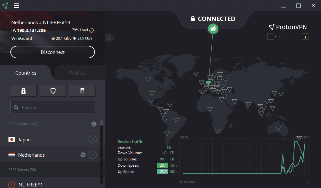 ProtonVPN conected to free netherlands server