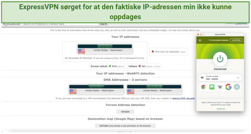 Screenshot showing ExpressVPN leak protection working