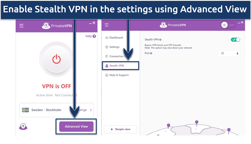 Screenshot of privatevpn Stealth VPN in advanced View features