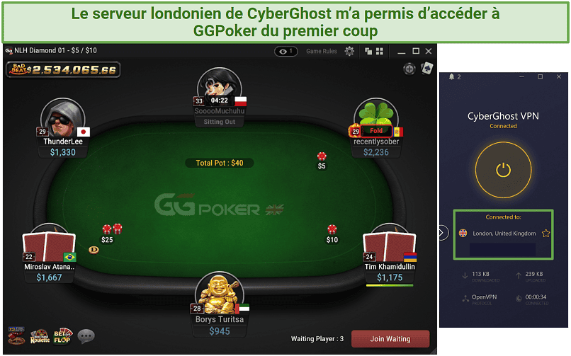 Screenshot of CyberGhost's London server access GGPoker