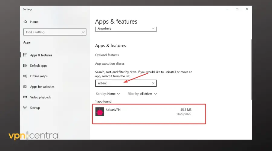 urban vpn listed in apps and features on windows pc