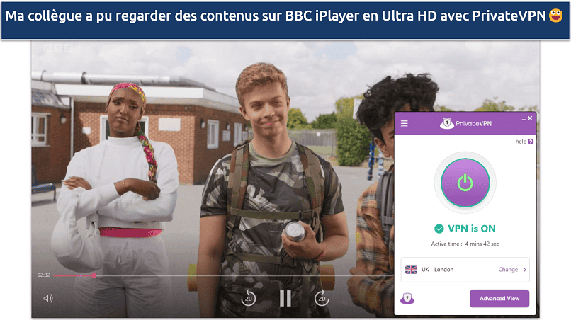 Screenshot of PrivateVPN streaming BBC iPlayer with UK London server