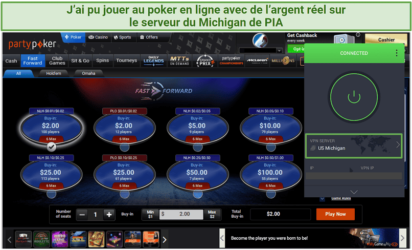 Screenshot of PIA's US Michigan server accessing partypoker