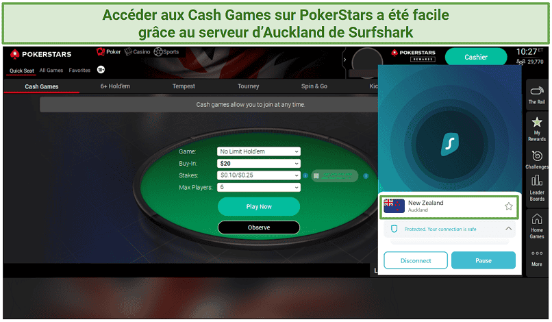 Screenshot of Surfshark's New Zealand server accessing PokerStars