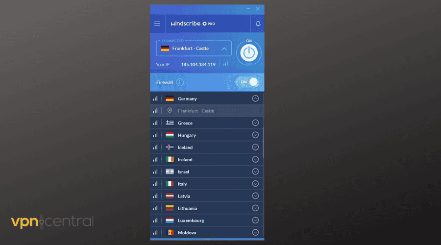 windscribe user interface