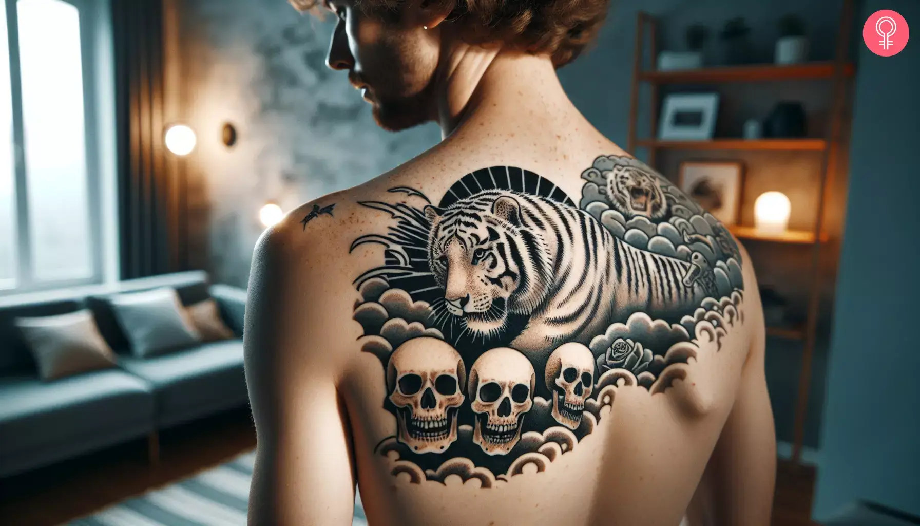 Tattoo of a white Japanese tiger with death motifs on a man’s upper back