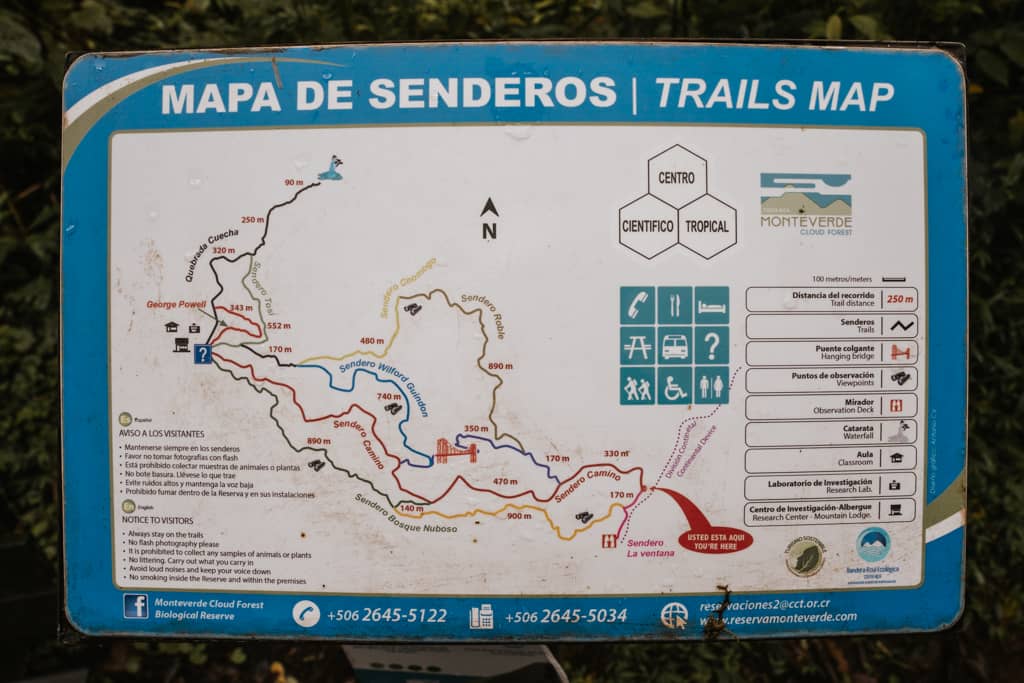 trails map close up at Monteverde Cloud Forest Biological Preserve