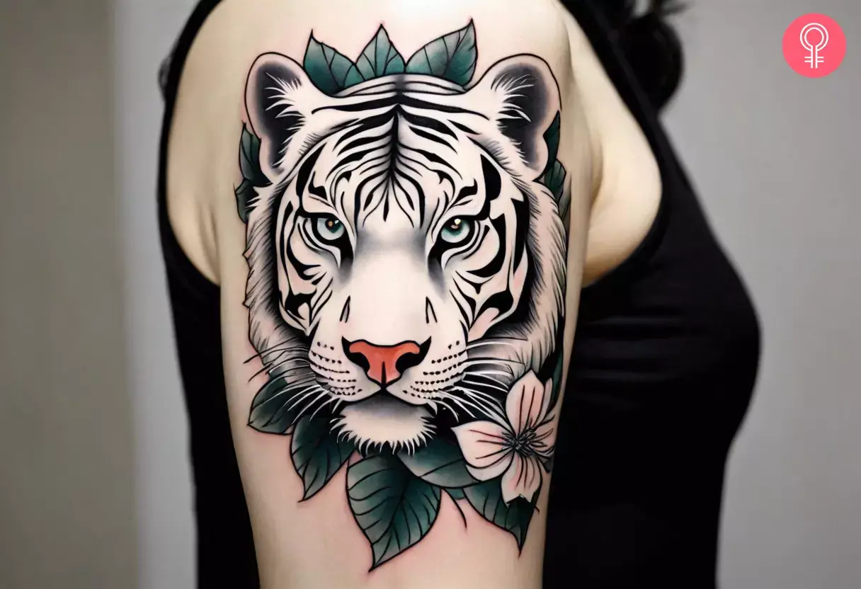 A woman with a Japanese white tiger tattoo design on her upper arm