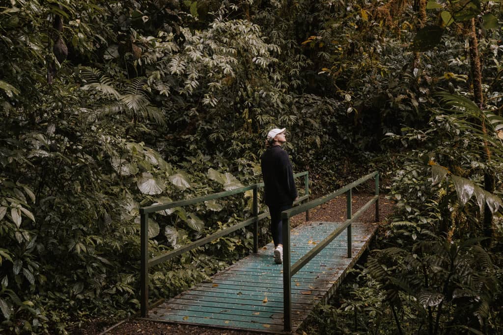 woman on blue bridge in Monteverde Cloud Forest Biological reserve