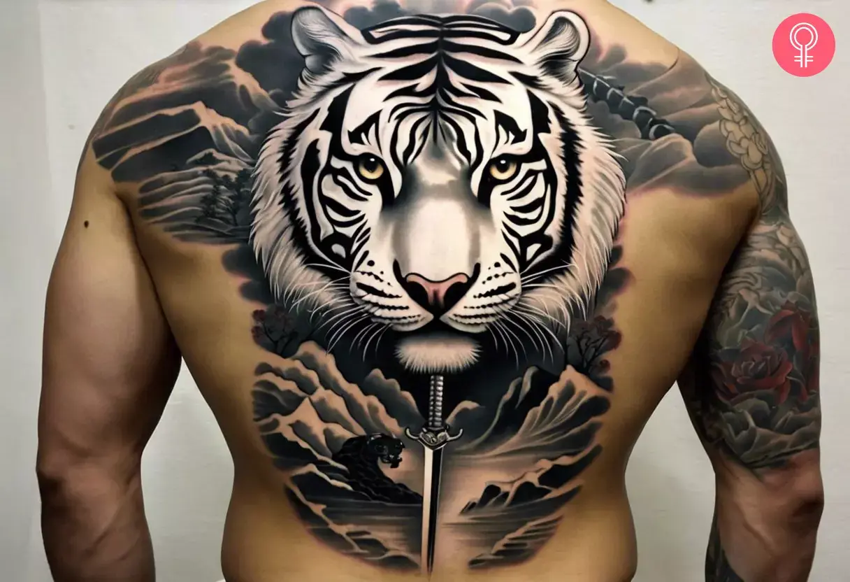 A man with a Japanese white tiger and samurai sword tattoo on his back