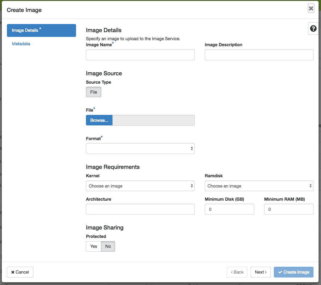 THe Create image dialog