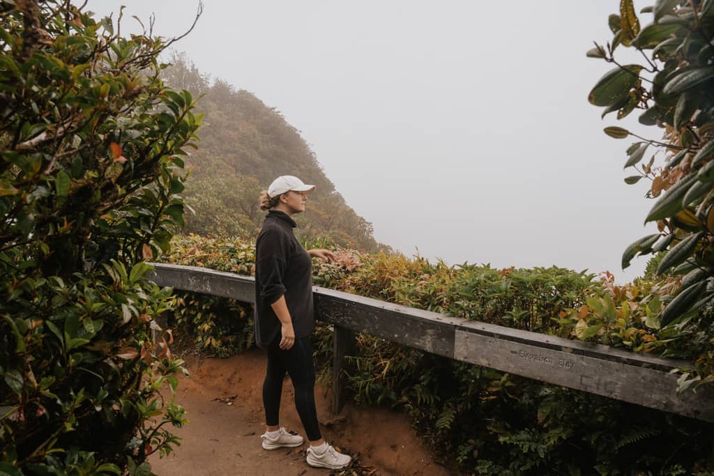 woman standing at a wooden railing with greenery surroundings at Monteverde Cloud Forest Biological Preserve