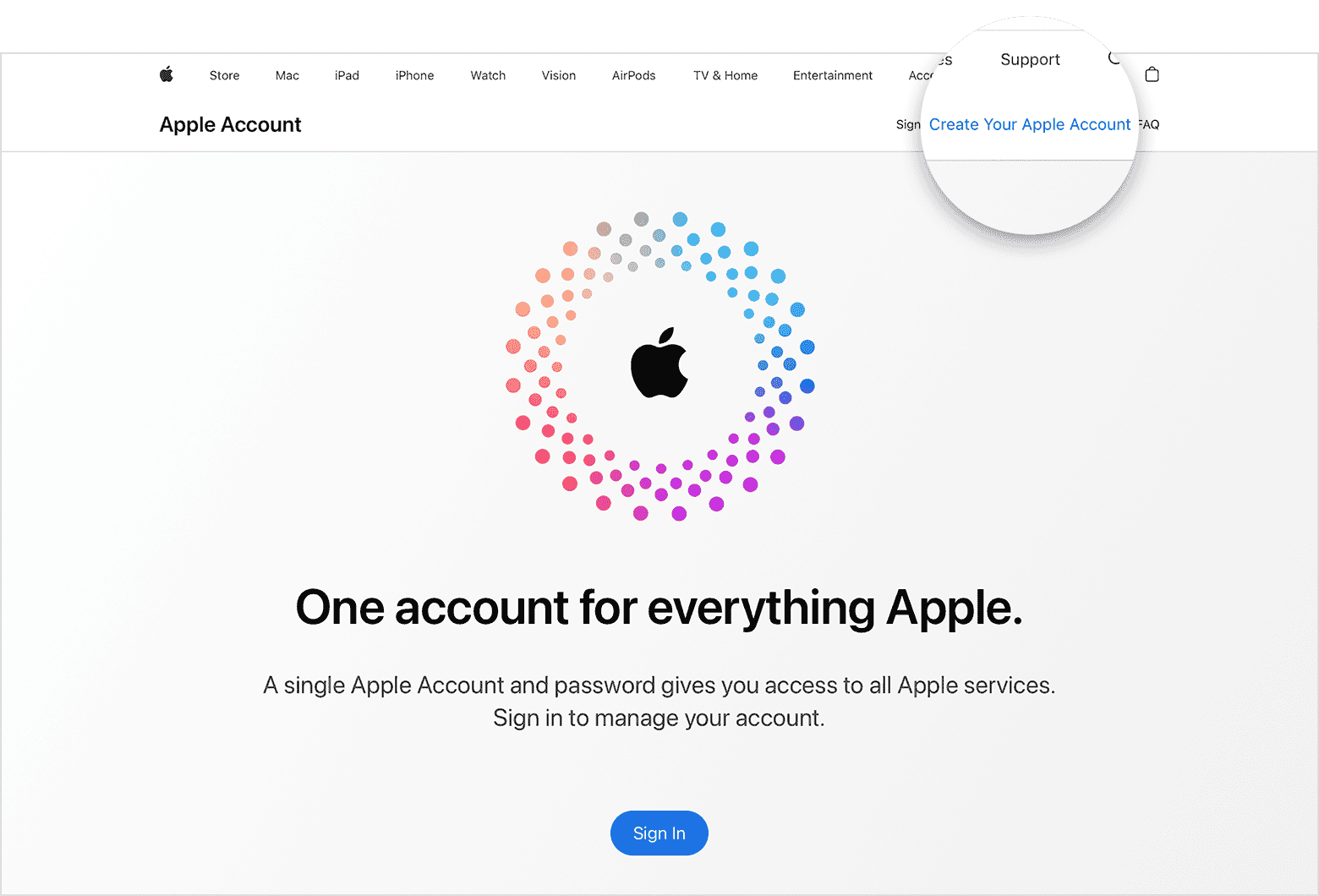 Web screen showing the link for Create your Apple Account