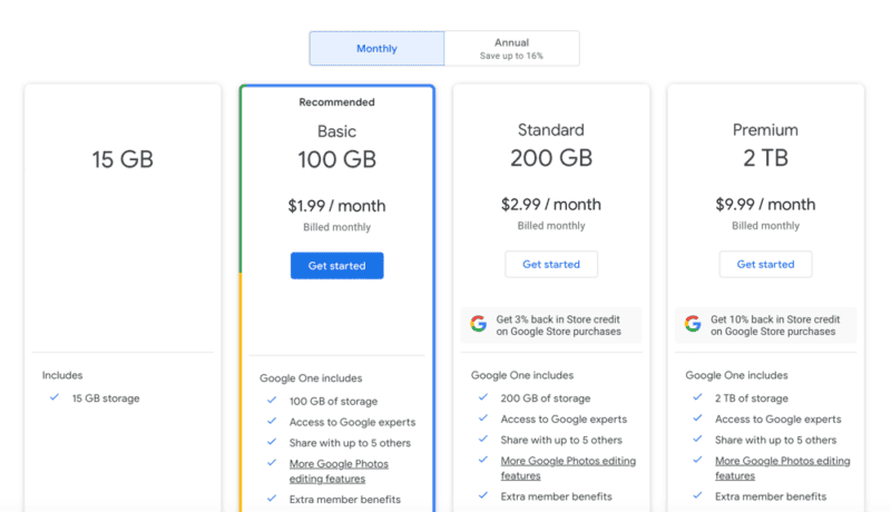 google drive pricing