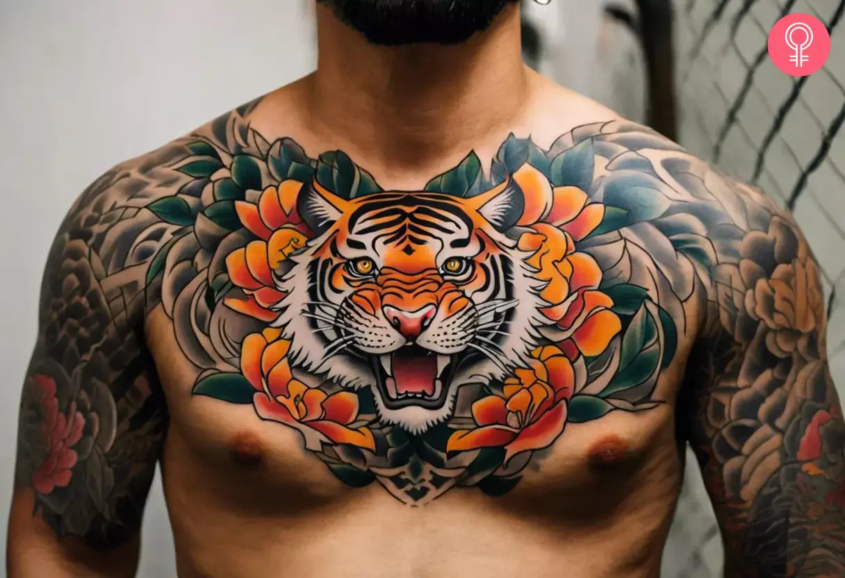 A man with a Japanese tiger tattoo on his chest