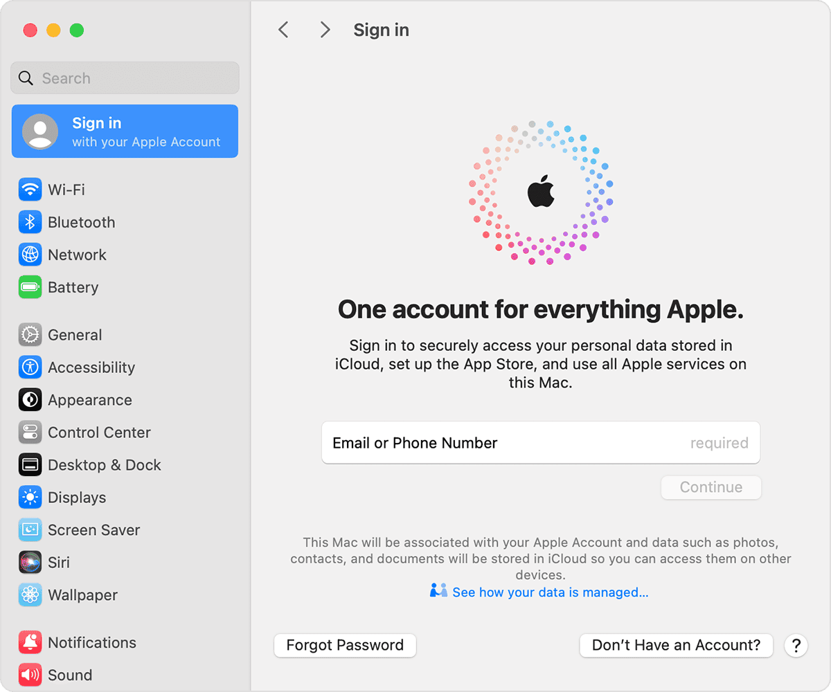 Mac screen showing the button for Don't Have An Account?