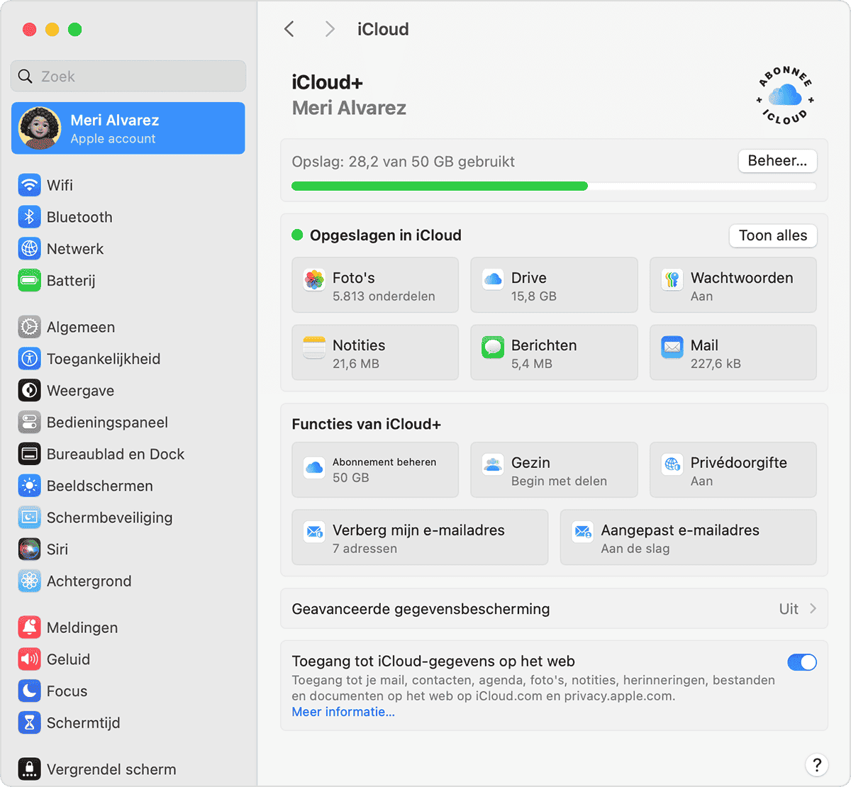 Mac-scherm met de hoofdpagina van iCloud+ voor Apple Account