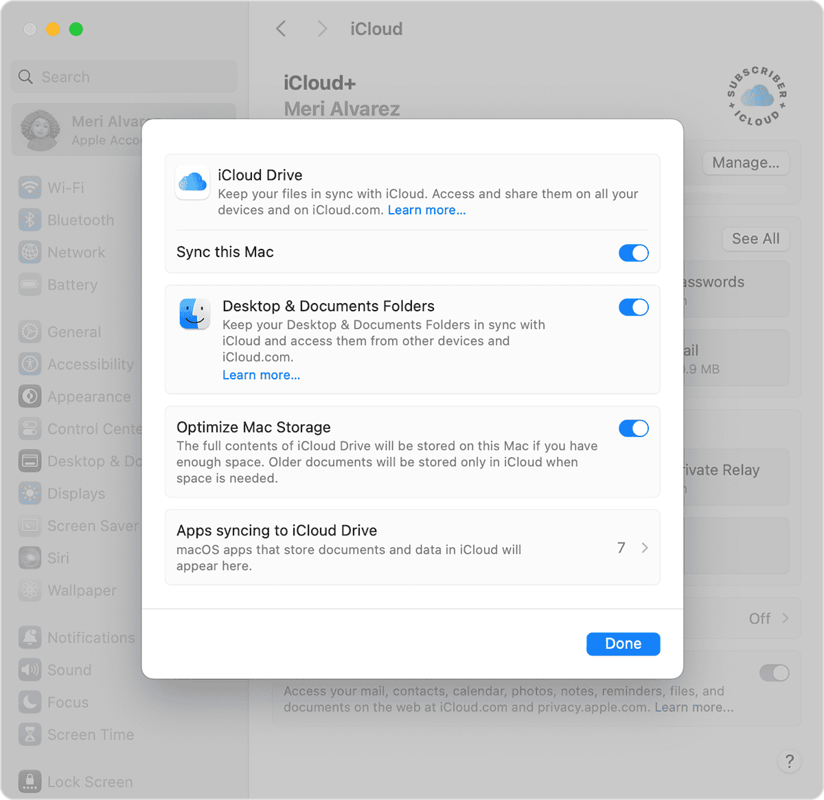 Mac screen showing iCloud Drive and Desktop & Documents Folders turned on.