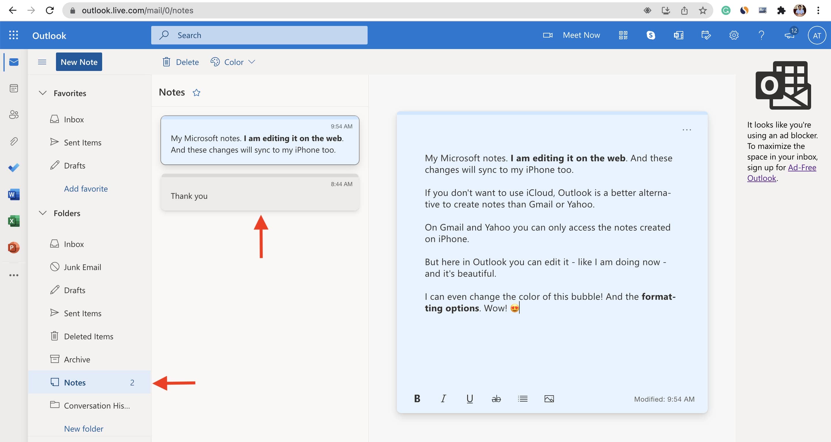 Access Apple Notes in outlook on the web