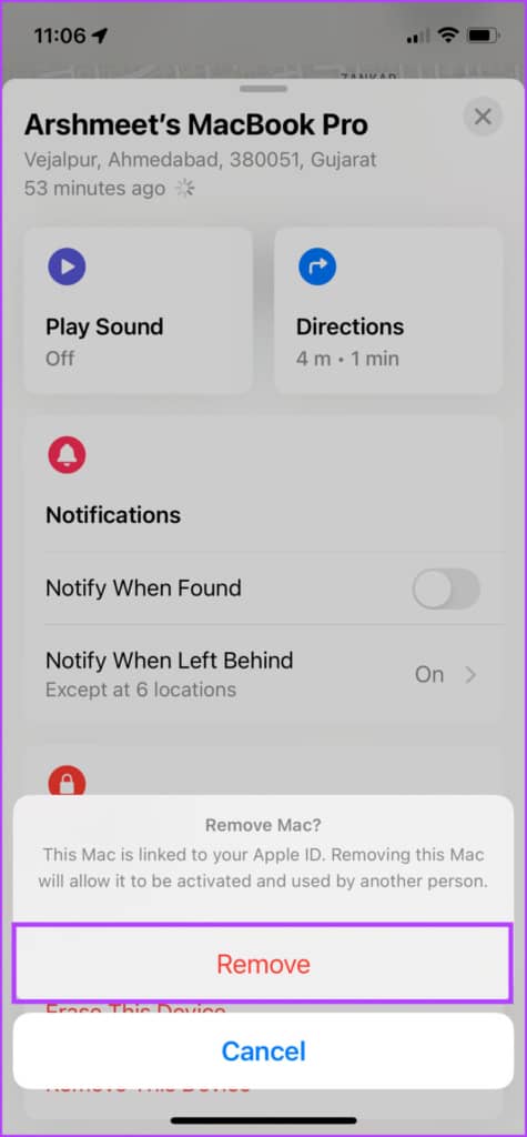 Tap Remove to remove the device from Find My