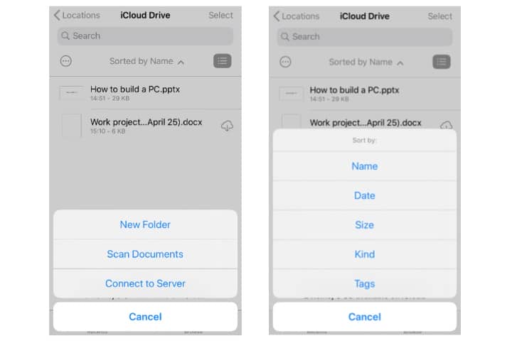 Customization options for iCloud Drive on iPhone.