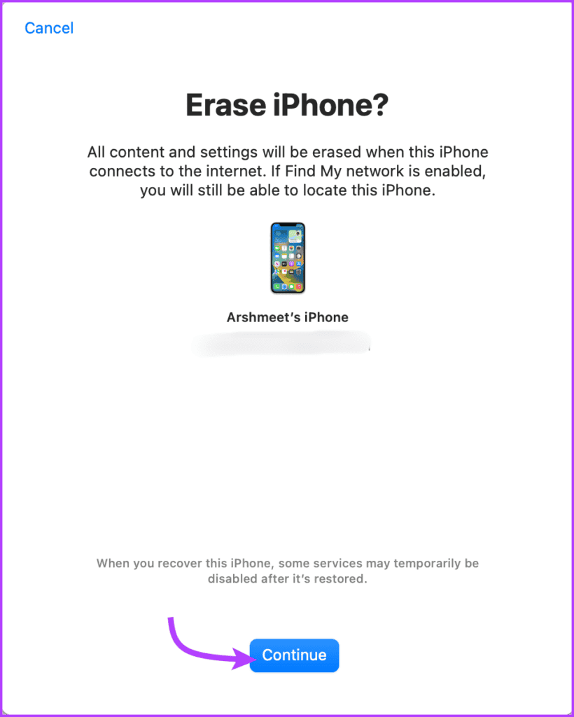 Tap Continue to erase the device from Find My
