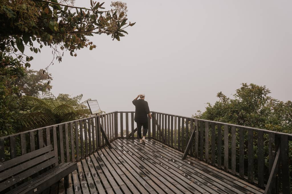 woman standing at the end of a a wooden observation deck with misty clouds