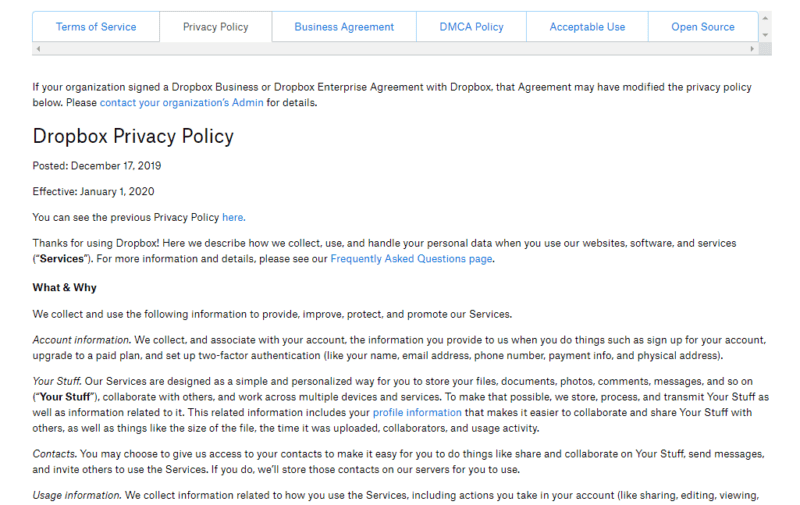 dropbox privacy policy